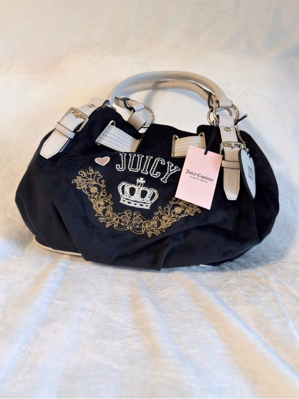 Juicy Couture Black Satchel with Cream Trim and Gold Crown Embroidery